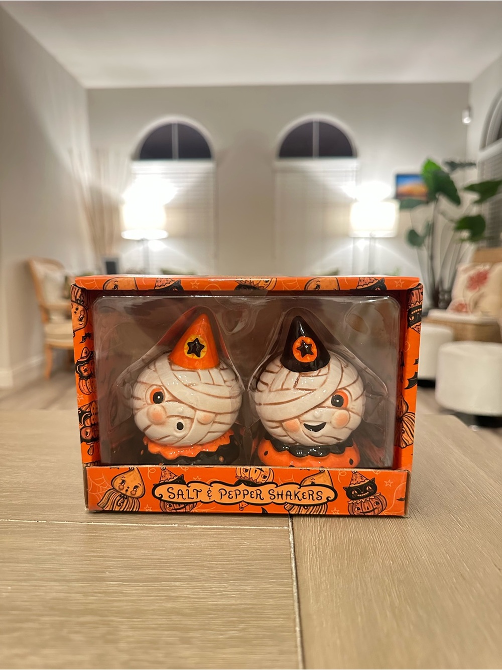 Halloween Mummy Salt & Pepper Shaker Set - Orange and White